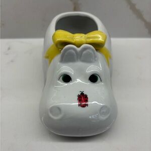 Vintage Enesco Hippopotamus White Ceramic Planter with Bow and Ladybugs Cute
